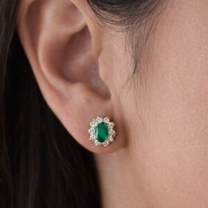 Vintage Green Oval Stud Earrings Gold Tone Halo Rhinestones